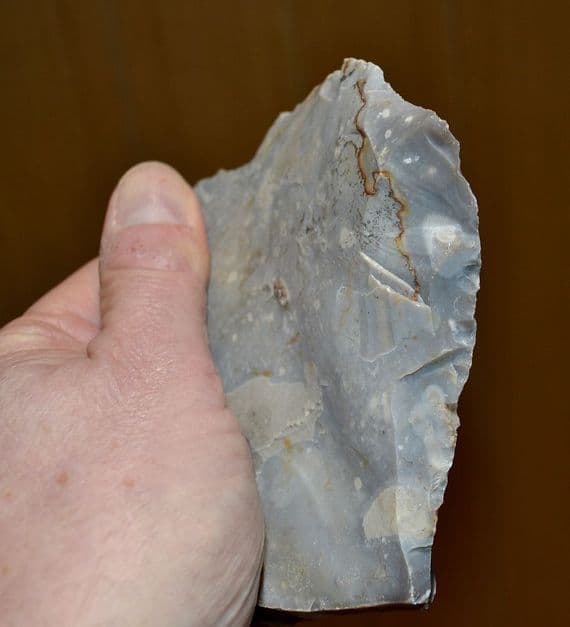 A large Palaeolithic (Neanderthal) flint flake knife tool, Lynford Quarry, Norfolk.