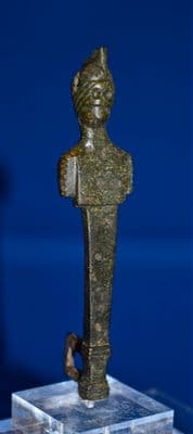 A large, rare and impressive Roman bronze figurative clasp from a casket or chest, nicely mounted. SOLD