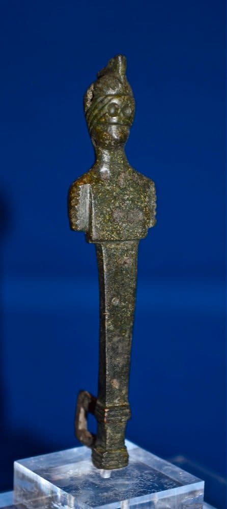A large, rare and impressive Roman bronze figurative clasp from a casket or chest, nicely mounted. SOLD