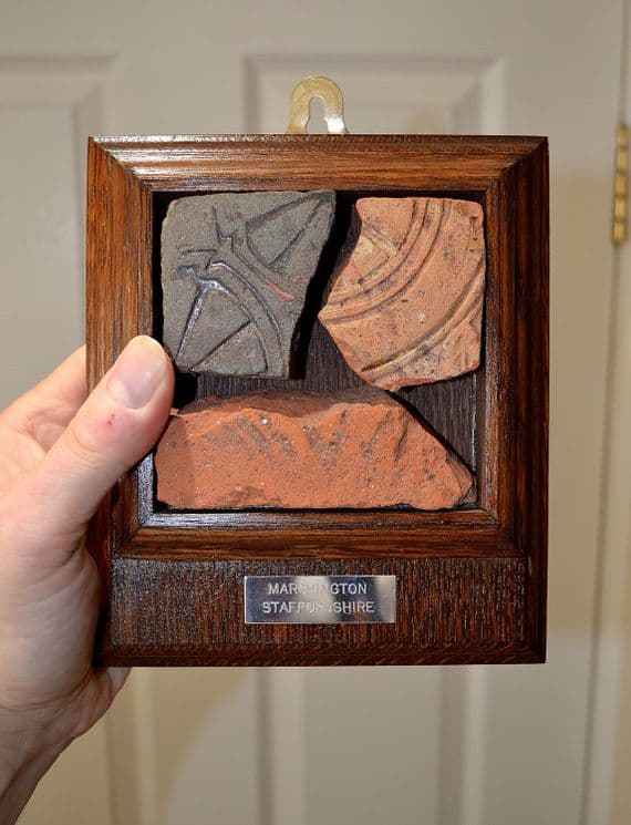 A nice group of Medieval decorative floor tile segments in a vintage frame, Staffordshire. SOLD