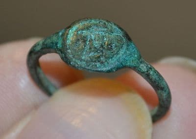 A nice Roman ladies bronze finger ring featuring engraved Altar design on bezel. SOLD