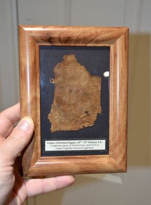 A nicely framed piece of Ancient Coptic (Christian) Egyptian fabric from a shroud or garment SOLD