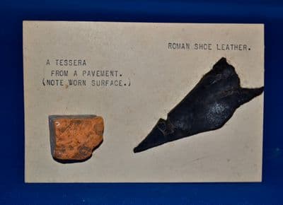 A nicely mounted Roman Tesserae and leather shoe fragment, London, c.1939, Full Provenance.