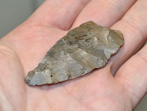A nicely worked Neolithic leaf shaped flint spear head from Botley, Hants.