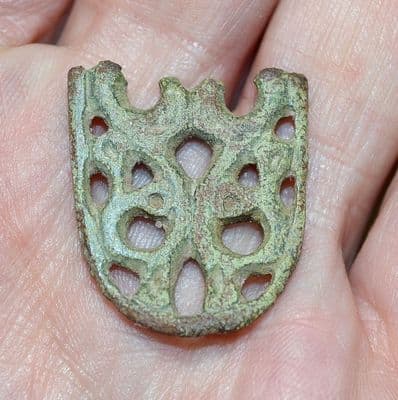 A ornately decorated Viking bronze Open work belt mount / strap end found in Norfolk. SOLD