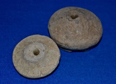 A pair of large Anglo Saxon pottery Spindle Whorls (for spinning yarn, SOLD