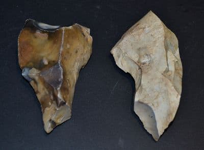 A pair of large Paleolithic (Neanderthal) flint flake tools, Lynford Quarry, Norfolk. SOLD