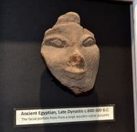 A pleasantly mounted facial segment from a large Ancient Egyptian wooden votive statuette. SOLD