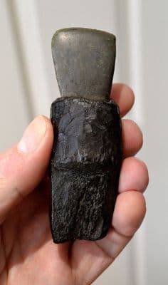 An exceedingly rare Neolithic Jadeite Axe in its original Antler socket, Swiss Lake Villages SOLD