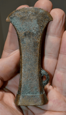An excellent and scarce form of Mid-Late Bronze age, bronze side looped socketed axe head found in South Derbyshire. SOLD