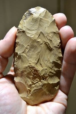 An excellent and well worked Paleolithic slender ovate flint hand axe found in Cornwall. SOLD