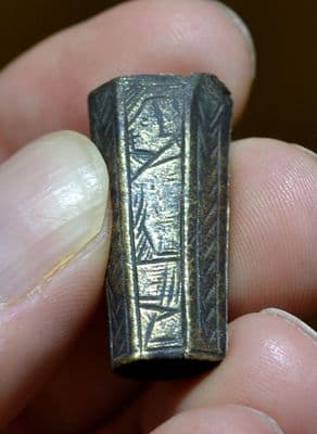 An excellent Medieval bronze dagger Chape featuring engraved figures, River Thames, London. SOLD
