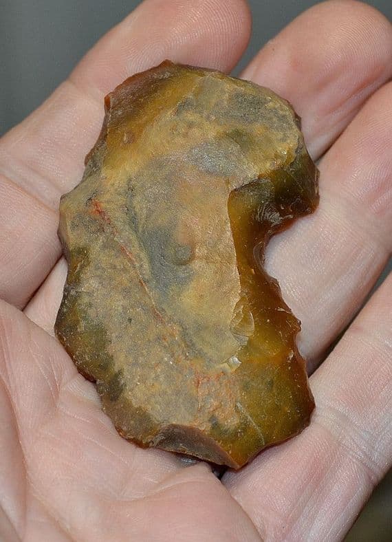 An excellent Paleolithic (Neanderthal) flint notched scraper tool, Lynford Quarry, Norfolk. SOLD