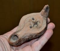 An excellent Roman terracotta oil lamp featuring Horse & Rider design, Palestine. SOLD