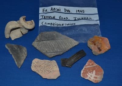 An interesting group of 7 assorted Roman pottery segments from a 1965 Archaeological dig in Cambridgeshire. SOLD