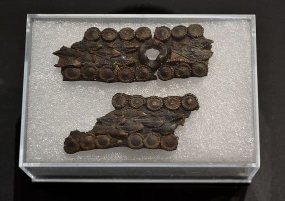 Rare segments of an ornate Medieval leather belt with bronze decorations, River Thames (K9) SOLD