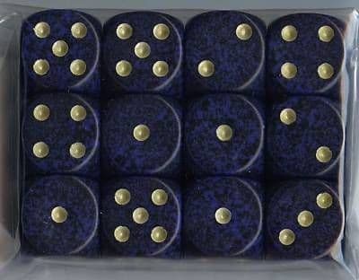 12 x 6-sided Dice: Mottled Dark Blue with Gold Spots