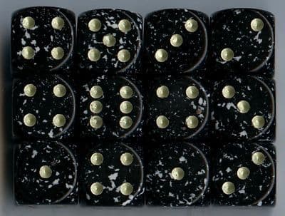 12 x 6-sided Elemental Dice: Mottled Black, Gold Spots