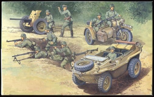 Fujimi 1/76 scale Plastic Kit SWA24/76057 WWII German Schwimmwagen, BMW Motorcycle, A/T Gun & Crew