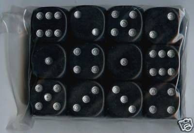 Twelve 6-sided Spot Dice: Black with Silver Spots