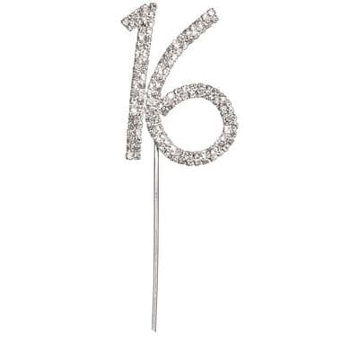 Diamante Cake Topper Birthday / Number Pick Silver 16th