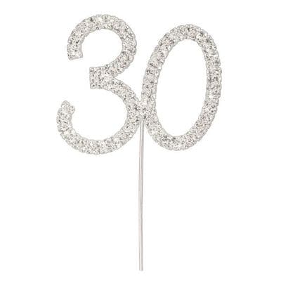 Diamante Cake Topper Birthday / Number Pick Silver 30th