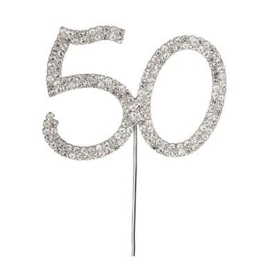 Diamante Cake Topper Birthday / Number Pick Silver 50th