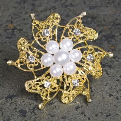 Gold Brooch with Pearls and Diamante