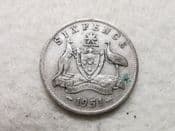 Australia, Silver (.500), Sixpence 1951, AF, CS11764