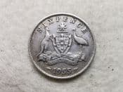 Australia, Silver (.500), Sixpence 1955, AF, CS11812
