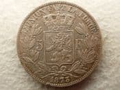 Belgium, Silver (.900), 5 Francs 1873, Patchy GF, CS14106