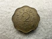 Ceylon, Two Cents 1944, AVF, CS11182