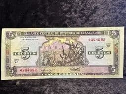 El Salvador, 5 Colones 1990, Stained VF, BN177