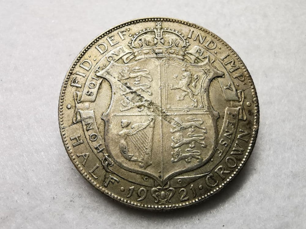 George V Silver 500 Halfcrown 1921 Lamination Flaw VF CS7108 george-v-silver-500-halfcrown-1921-lamination-flaw-vf-cs7108