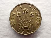 George VI, Brass Threepence 1952, EF, CS12280