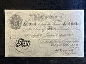 Great Britain, White £5 1938 (Operation Bernhard Forgery), GVF, BKN2685