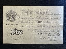 Great Britain, White £5, O'Brien 1955 (A29A), F, BKN2677