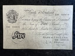 Great Britain, White £5, O'Brien 1955 (Z30), GVF, BKN2669