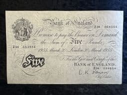 Great Britain, White £5, O'Brien 1955 (Z34), AVF, BKN2678