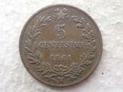 Italy, 5 Centesimi 1861 M, GF, CS14744