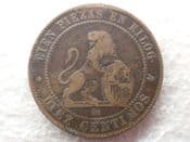Spain, 10 Centimos 1870 OM, Fair, CS13770