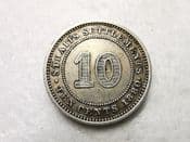 Straits Settlements, Silver (.800), 10 Cents 1880 H (Rare), VF, CS6723