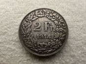 Switzerland, Silver (.835), Two Francs 1944 B, VF, CS11286