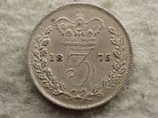 Victoria, Silver (.925), Threepence 1875, Cleaned VF, CS13211