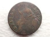 William III, Halfpenny 1699 (BRITAN - IA, Missing N Error, Rare), Fair, CS12910