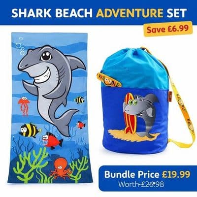 Boys Shark Beach Towel and Waterproof Swim Bag Set