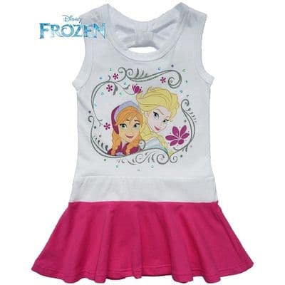 Disney Frozen Elsa & Anna Girls Cotton Summer Dress White & Pink 2-8 Years