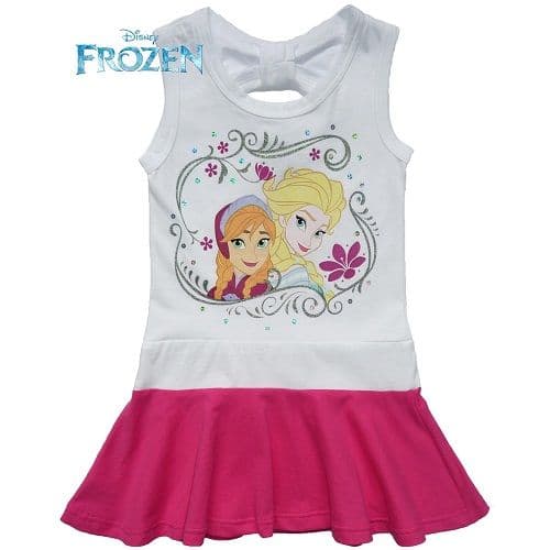 Disney Frozen Elsa & Anna Girls Summer Dress – White & Pink Cotton Dress, Sizes 2-8 Years