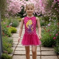 Disney Princess Rapunzel Girls Pink Summer Dress – Official Cotton Dress Sizes 3-8 Years