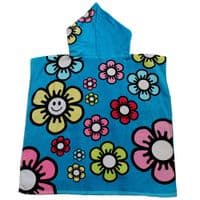 Kids Smile Hooded Poncho Towel  Blue Flower 100% Cotton
